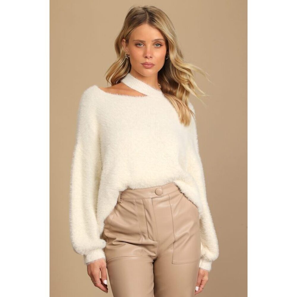 Sold out! Lulus Favorite Forecast Ivory Eyelash Knit Cutout Sweater White Medium
